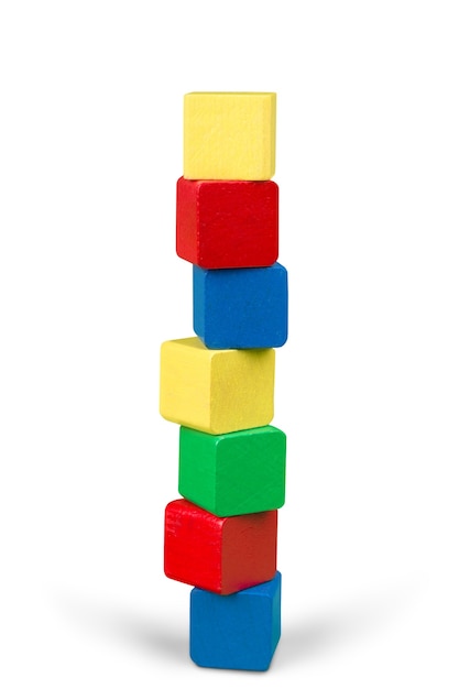 Toy wooden blocks stack, tower of blank multicolor box cubes over white background