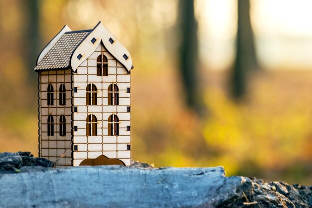 Toy wooden house in the woods. Living in nature