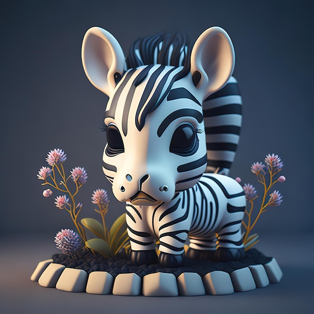 A toy zebra with a black and white head is standing in a small circle.