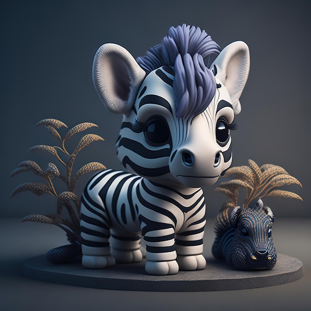 A toy zebra with a blue hair bow on its head is standing next to a lion.