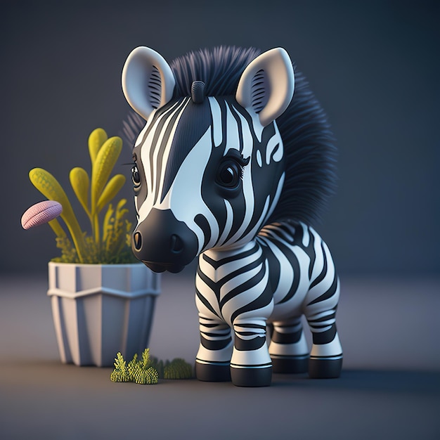 A toy zebra with a plant in the background