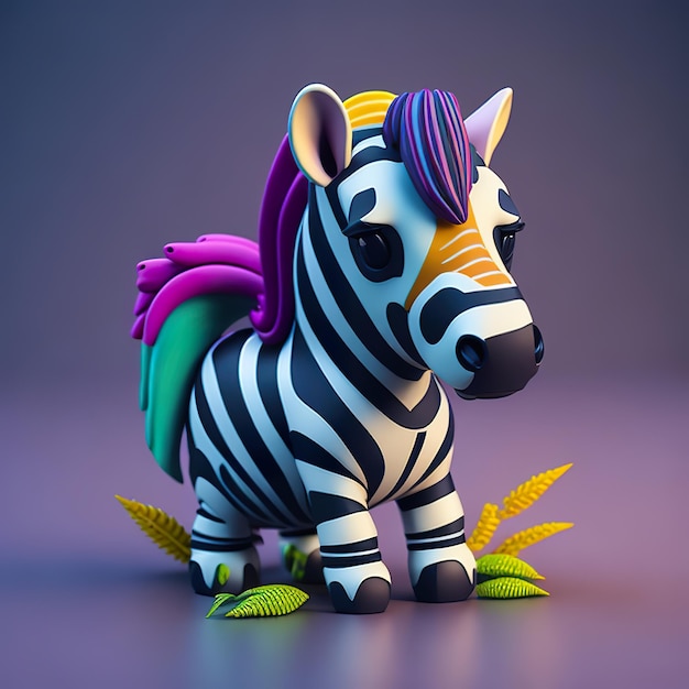 A toy zebra with a purple and green tail and a purple tail.