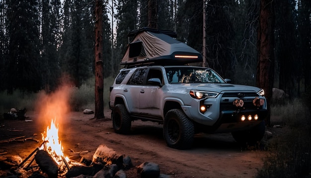 A toyota 4runner is parked next to a campfire with a camper on top.