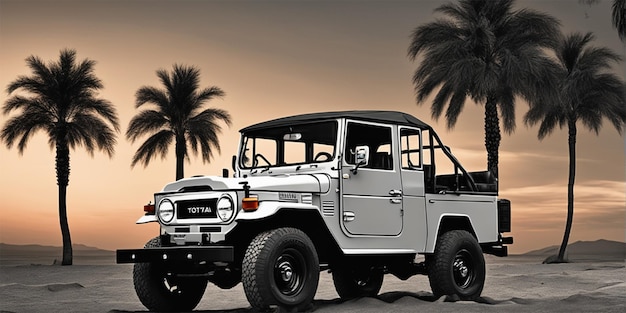 Toyota Land Cruiser Fj40 Автомобиль Пальмовые деревья Закат черно-белый по-прежнему цифровое искусство Идеальный композит