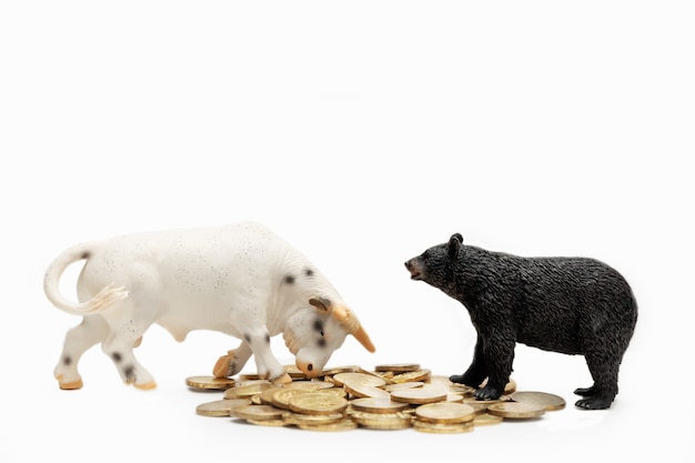 Toys of bull and bear animals standing on coins, isolate on white