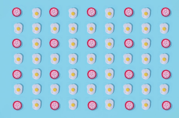 Игрушки в виде еды ручной работы из войлока на синем фоне Ручное шитье Минимальная художественная концепция еды