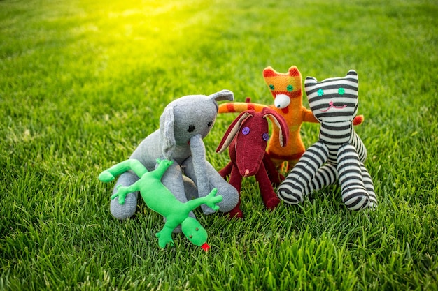 Toys on green grass focus on dug elephant lizard