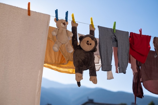 Toys monkey and teddy bear are dried on a clothesline after washing