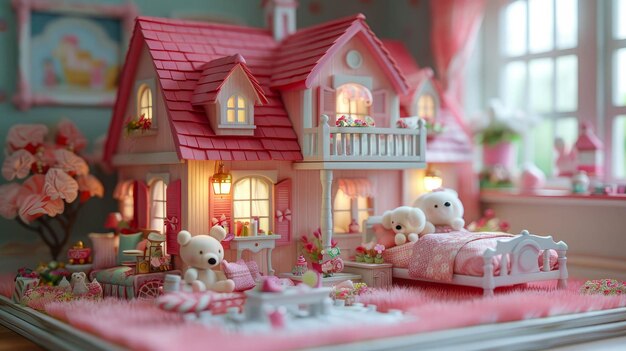 Toys in the shape of a house on a pink carpet