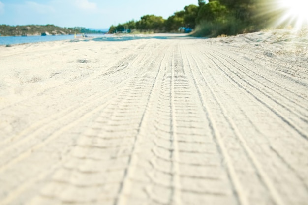 自然の背景の海の近くの砂の中の車の痕跡