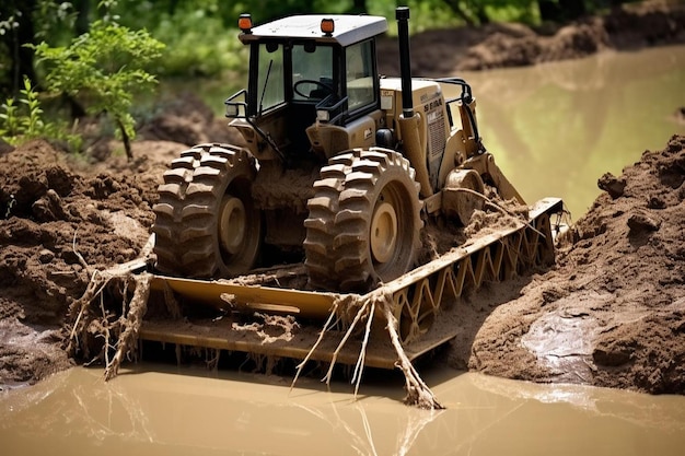 Photo track loader crossing a shallow stream or waterlogged area