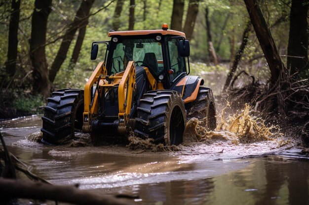 Track loader crossing a shallow stream or waterlogged area