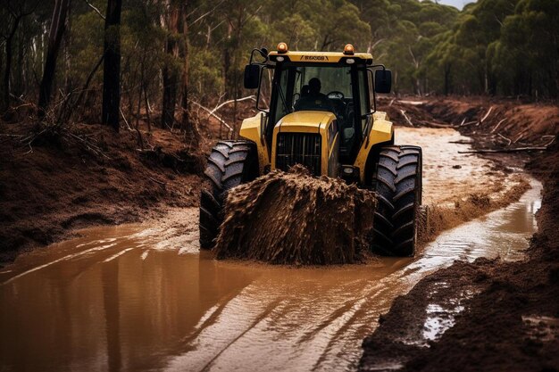 Photo track loader crossing a shallow stream or waterlogged area