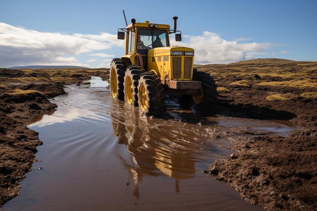 Photo track loader crossing a shallow stream or waterlogged area