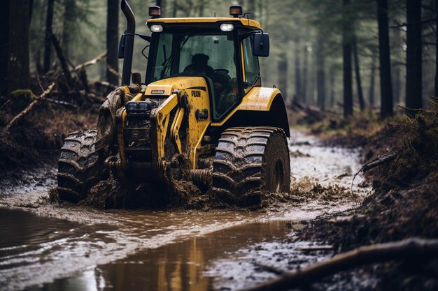 Photo track loader crossing a shallow stream or waterlogged area