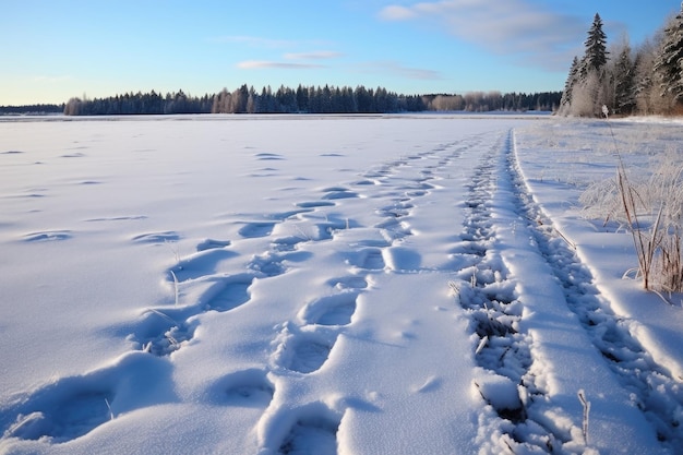 Tracks in snow leading to a frozen lake