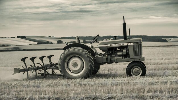 Photo a tractor 90s john deere 2850 with a homemade plow prepares the field for sowing