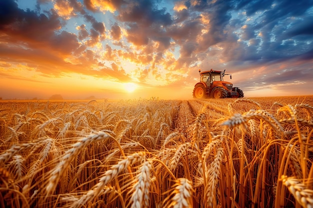 A tractor in the background working through a field of ripe golden wheat during harvest time