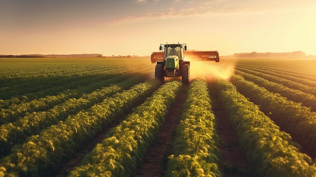 Tractor bespuit een sojabonenveld bij zonsondergang