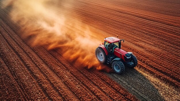 Foto tractor che coltiva un campo in vista aerea a primavera