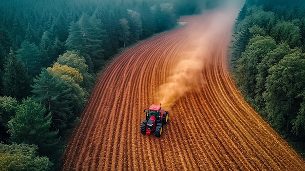 Tractor cultivating field at springaerial view