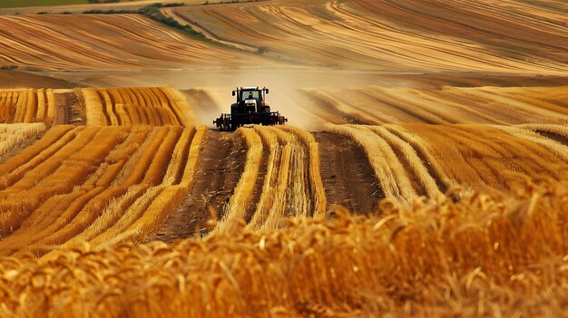 Tractor cultivating a golden field of wheat creating a mesmerizing landscape of rolling waves