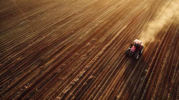 Tractor die bij zonsondergang de grond bewerkte op een groot landbouwveld