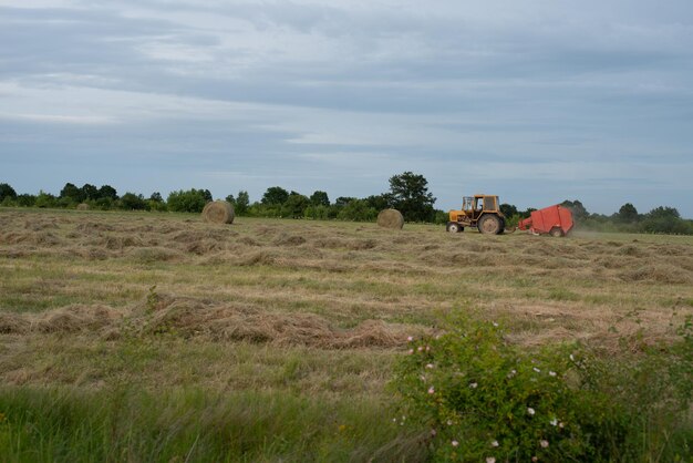 Foto tractor die hooi verzamelt op een landbouwveld