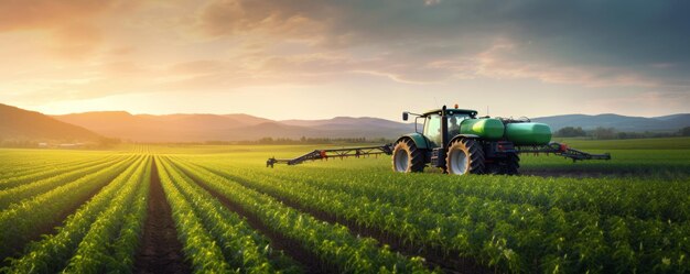 Foto tractor die in een tarweveld werkt tractor die pesticiden op een sojaveld spuit met een sprayer in de lente ai generatief
