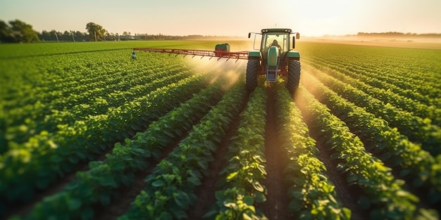 Tractor die pesticiden sproeit op generatieve AI van sojabonen