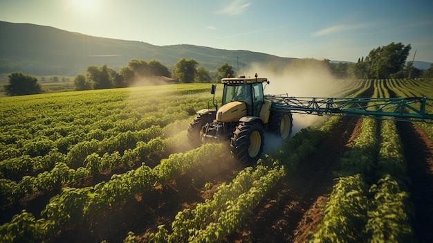 Foto tractor die pesticiden sproeit op groene sojabonenplantage generatieve ai