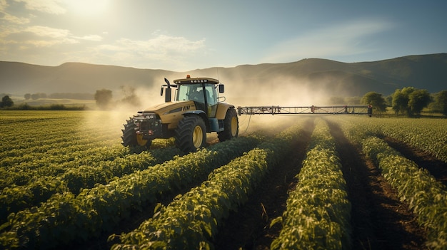 Tractor die pesticiden sproeit op groene sojabonenplantage Generatieve Ai