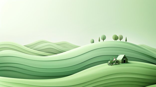 Tractor driving through a green rolling hills landscape with a small house and trees paper cut style 3d rendering