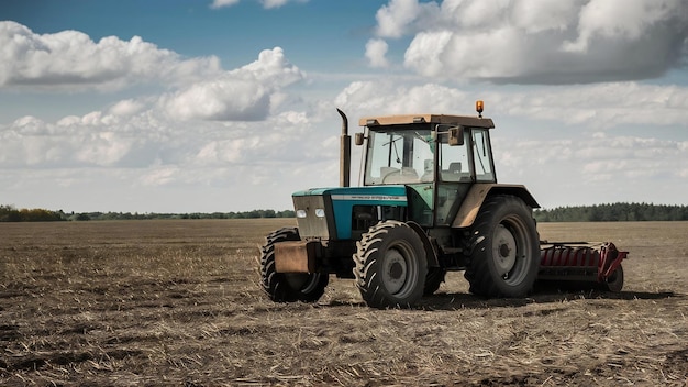 A tractor in the field on the background of uncultivated land copy space