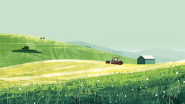 Tractor in the field Green hills and blue sky Rural landscape