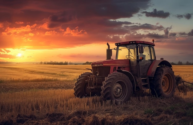 tractor in a field at sunset