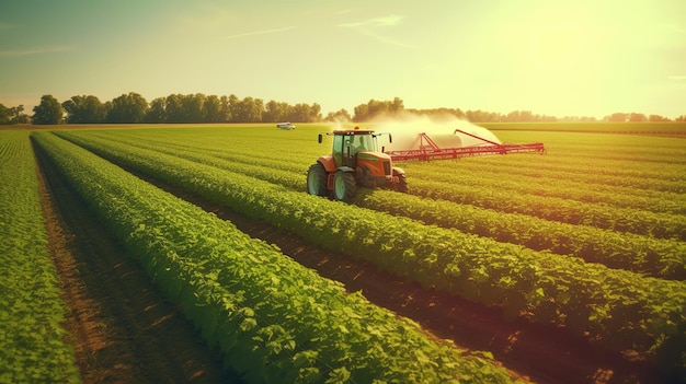 A tractor in a field with a sprayer spraying it.