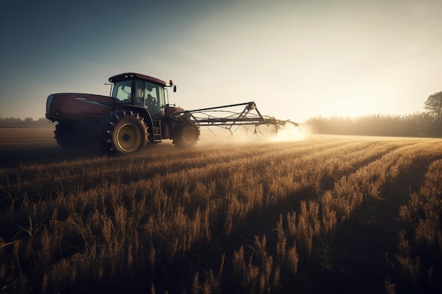 A tractor in a field with the sun setting behind it