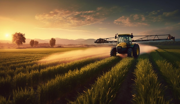 A tractor in a field with a sunset in the background