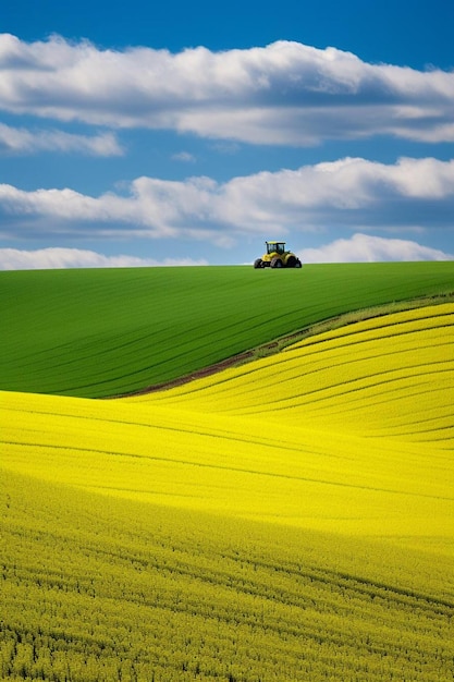 трактор в поле желтых цветов