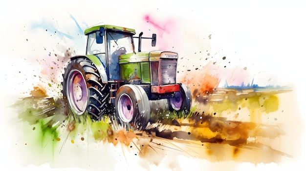 A tractor during the harvest colorful illustration Generative AI