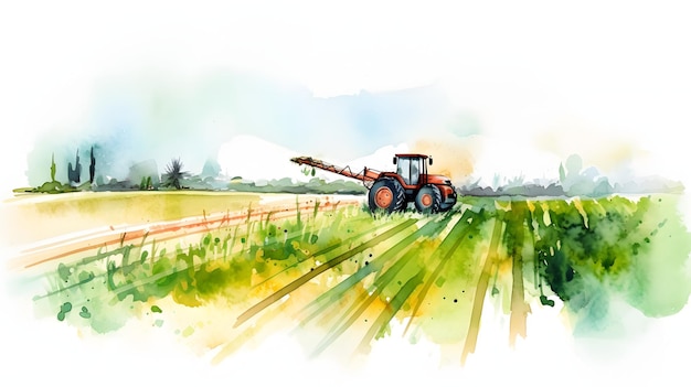 A tractor during the harvest colorful illustration Generative AI