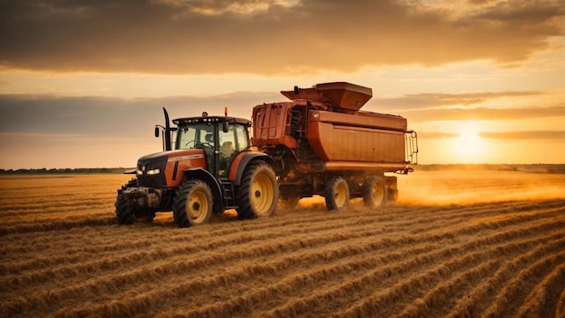 A tractor harvesting wheat in the sunset on a field