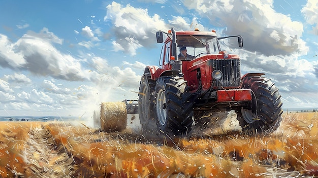 Photo tractor hauling hay bales in a field wallpaper