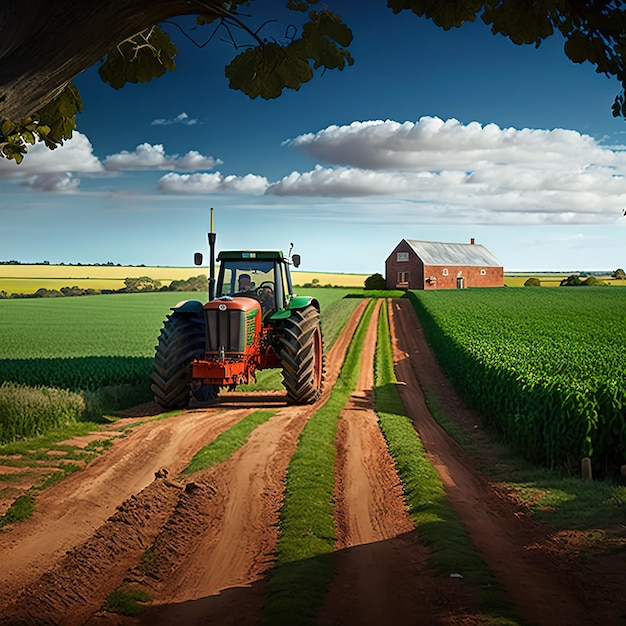 A tractor is driving down a dirt road in front of a barn.