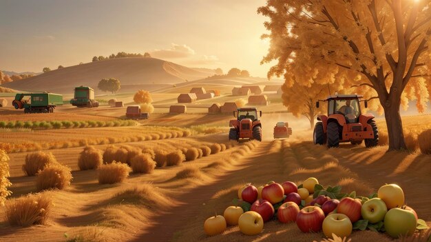 a tractor is driving down a dirt road with a bunch of apples