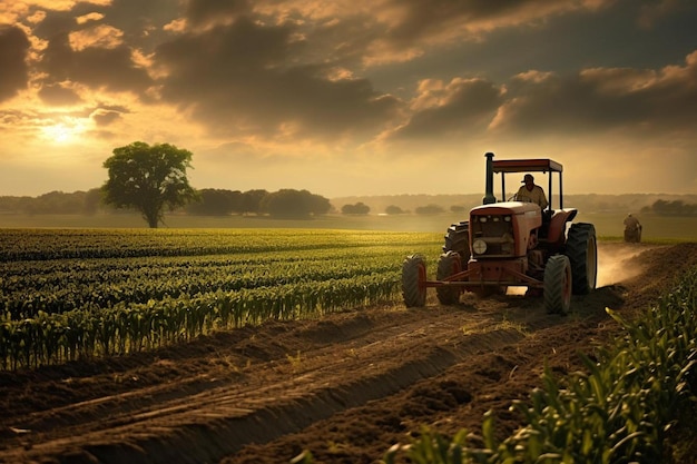 A tractor is driving through a corn field.