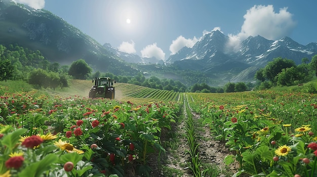 a tractor is driving through a field of flowers and the mountains in the background