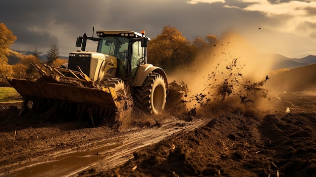 Foto un trattore sta guidando attraverso un campo fangoso