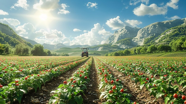 a tractor is in a field of red flowers and the sun is shining on the clouds